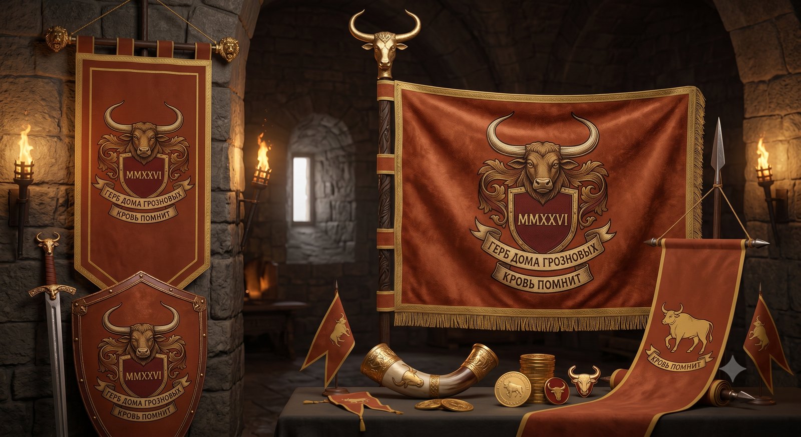 Attributes of the House of Groznov: banners, coat of arms, bunchuk, horn, coins